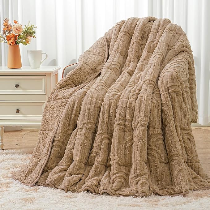 Fleece Weighted Blanket Queen 20 lbs, Brown Sherpa Heavy Blankets | 60" x 80", Adults Jacquard Knitted Throw for Better Sleep and Relaxing, Comfort Fluffy Cozy Warm Chunky Ultra Soft
