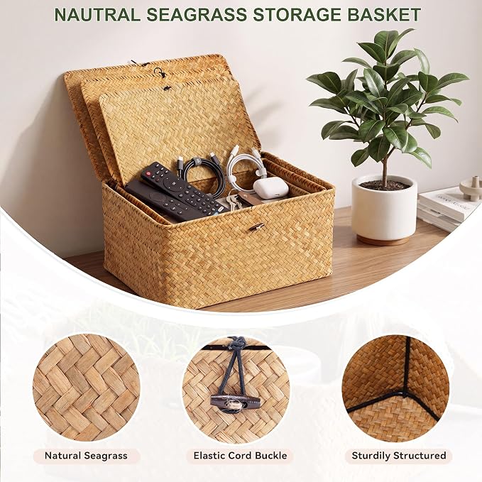 Nonam Large Wicker Basket with Lid,Seagrass Shelf Basket Set of 3,Nautral | Storage Basket Container for Organizing, Boho Decorative Basket, Rectangular Household Storage Boxes for Home Organization