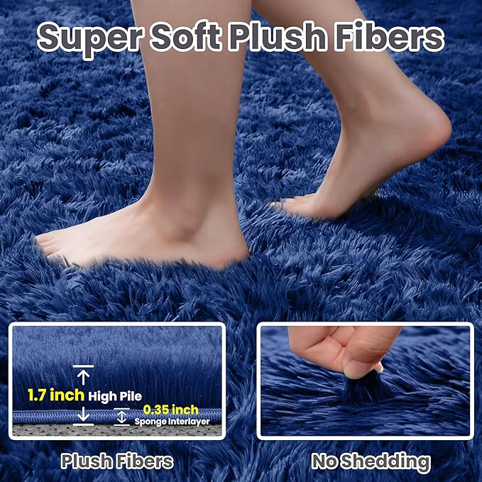 4x6 Fluffy Shag Area Rugs for Living Room Bedroom: Soft Plush Carpet Blue | Upgraded Non-Slip Thick Memory Foam, Ultra Soft, Non-Shedding Fuzzy Carpet, Easy Clean Decor for Kids Room, Nursery, Playroom