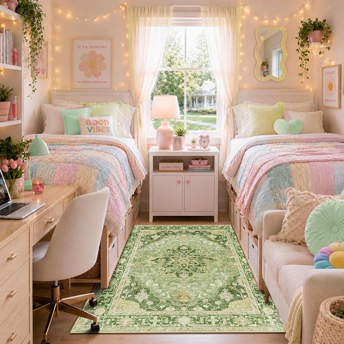 RELEANY Washable Area Rug, 3'x5', Green/Yellow | Non-Slip, Water Repellent, Pet Friendly, Easy to Clean, Vintage Floral Boho Decor for Living Room Bedroom Beside Kitchen