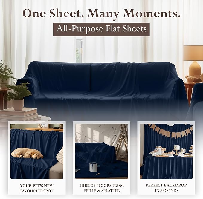 Full Size Flat Sheet Only, Ultra Soft & Breathable Hotel Sheets, Navy | Hotel Bedding, Cooling Comfort, Smooth Feel, Wrinkle & Fade Resistant, Easy Care, Long-Lasting, Machine Washable, OEKO-TEX