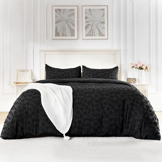 ROSE&RISY Black Leopard Jacquard Textured Queen Duvet Cover Set, 3 Pieces Soft Tufted Bedding Queen Set All Seasons, Breathable and Cozy, Includes 1 Duvet Cover, 2 Pillowcases (Black, King Size)