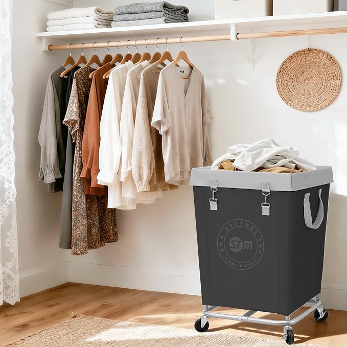 STORAGE MANIAC Commercial Laundry Hamper with Heavy Duty Steel Frame, 160 L Industrial Laundry Basket Cart with Wheels for Hotel, Home, Laundry Room, 17.72''L x 17.72''W x 30.91''H, Medium Black