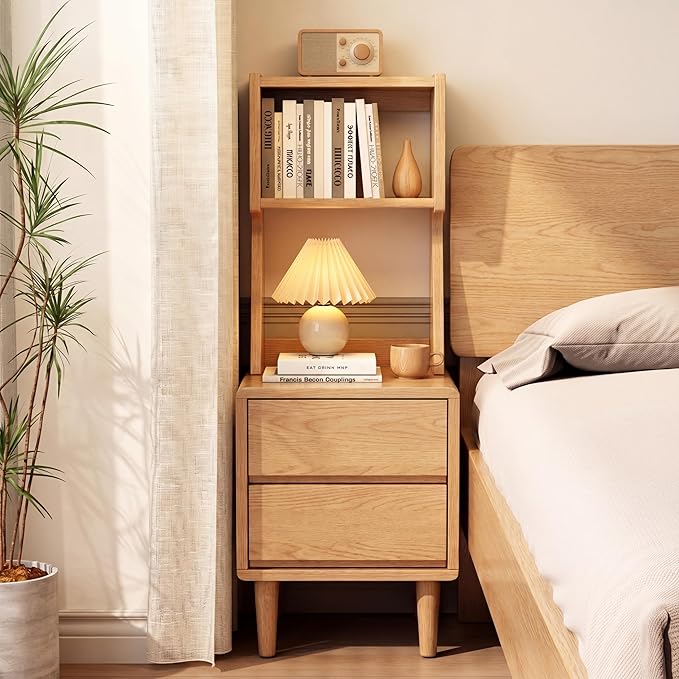 Solid Wood Bookshelf Nightstand Combo, Tall Nightstand with Bookshelf | Oak Nightstand Bookshelf,Solid Wood Nightstand with Drawers,Open Shelf Bookcase,for Bedroom,Living Room,Offices