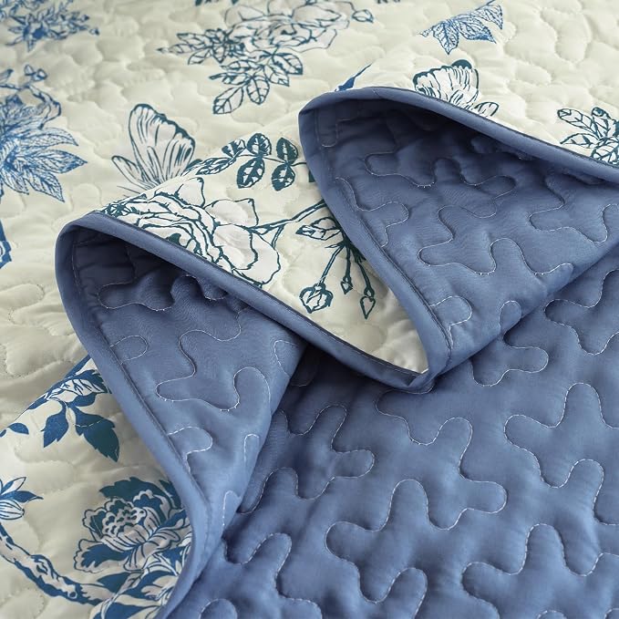 WONGS BEDDING Floral Quilt Set Queen,3 Pcs Blue Bedspreads Coverlets Set | Spring Summer Floral Farmhouse Bedspread with 2 Shams,Soft Microfiber Lightweight Coverlet for All Season 96"×90"