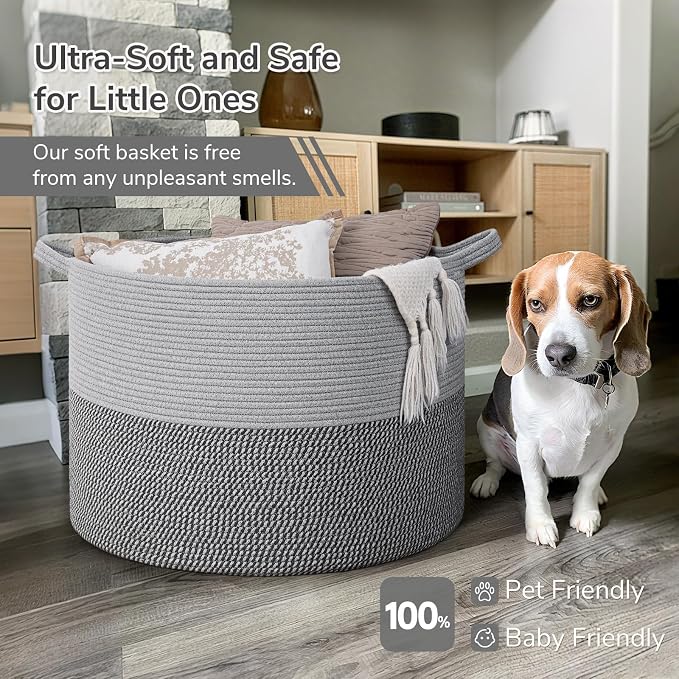 INDRESSME 115L Extra Large Woven Rope Blanket Basket Living Room, Grey | 23.6" x 15.7" Storage baskets for toys laundry & pillows. Fits living room, bedroom or nursery décor. Soft-touch with handles