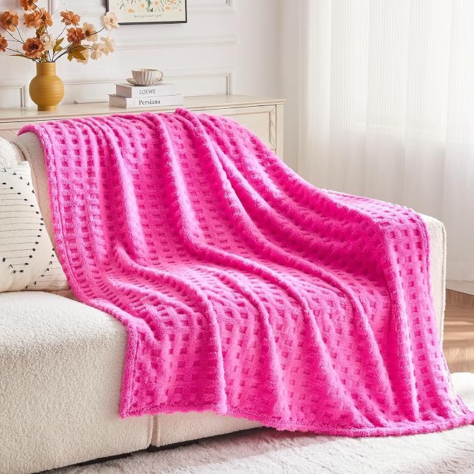 NEWCOSPLAY 3D Waffle Checkered Flannel Throw Blanket, Hot Pink, 50"x70" | Super Soft Cute Lightweight Decorative Premium Silky Fleece Blanket for Couch Sofa Bed, Gift for Women Men, All Season Use