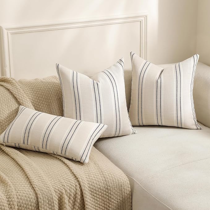 Hckot Navy Blue Striped Throw Pillow Covers 16x16 Outdoor Pillow Covers | Set of 2 Textured Linen Decorative Pillows Square Cushion Covers for Sofa Couch Bed Living Room Farmhouse Decor