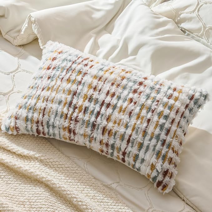 AmHoo Boho Chenille Pillow Cover Decorative Tufted Pillowcase for Couch Bed Sofa Bedroom Living Room Modern 12 x 20-Inch Brown White