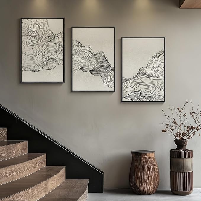 Large Framed Neutral Modern Abstract Wall Art for Living Room, 30x60 Inch | Set of 3 Abstract Artwork, Black Beige Canvas Prints, Modern Paintings, Minimalist Line Pictures, Hallway Office Wall Decor