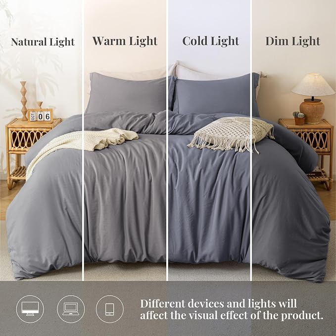 MILDLY Duvet Cover Queen Ultra Soft Comforter Cover Set 3pcs, Dark Grey | Washed Microfiber Cotton-Like, Breathable Comfort, Hidden Zipper, Corner Ties, OEKO-TEX Certified, Fade Resistant