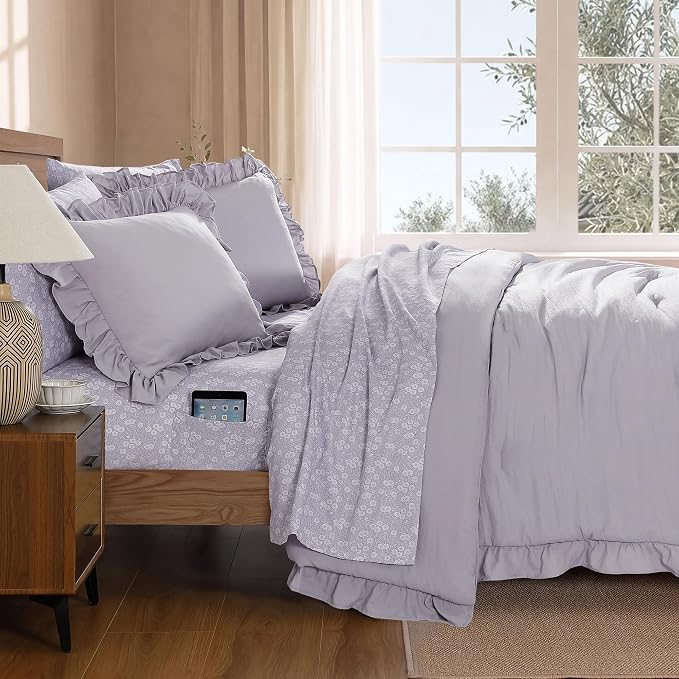 Full Size Comforter Sets-7 Pieces Ruffle Bedding Floral Sheet | Lilac Bed in a Bag, Soft Lightweight All Season Farmhouse Full Size Bedding Sets with Floral Sheets, Pillowcases & Shams