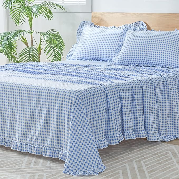 Gingham Queen Sheet Set, Lightweight Super Soft Brushed Microfiber Plaid Bed Sheets with 16" Deep Pocket, 4 Piece Ruffle Farmhouse Bedroom Decor, Blue
