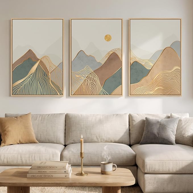 Large Framed Boho Modern Mountain Wall Art for Living Room, 3 Piece, 24x36 | Neutral, Landscape, Nature inspired, Minimalist, Bedroom decor, Home office, Hallway, Rustic, Earth tone, Canvas artwork