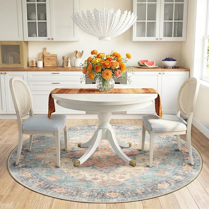 RELEANY Washable Area Rug, Round 6ft, Blue/Orange/Red | Non-Slip, Water Repellent, Pet Friendly, Easy to Clean, Vintage Floral Boho Decor for Living Room Bedroom Dining Room