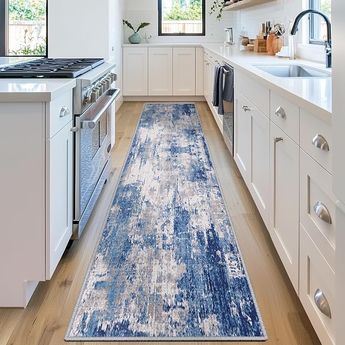 RELEANY Washable Runner 2'x8' Abstract Area Rug for Hallway Blue Gray | Carpet for Kitchen, Entryway, Bathroom, Living Room, Bedroom, Printed Pattern, Non‑Slip, Soft, Stain‑Resistant, Easy to Clean