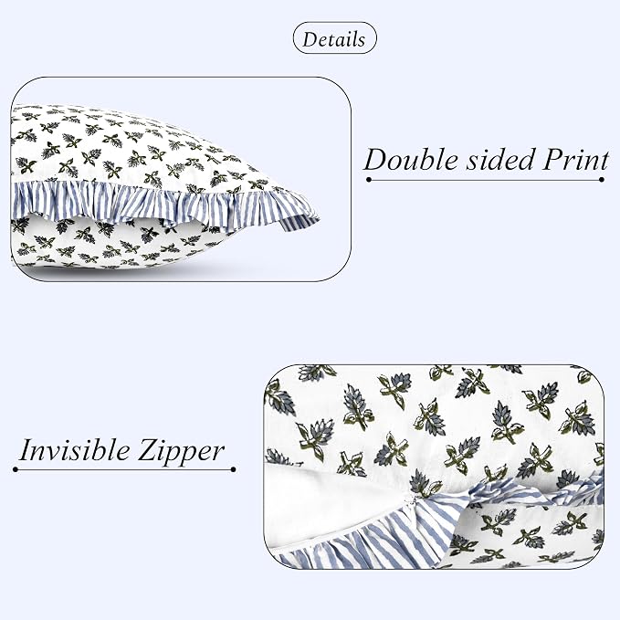 Ridhi Block Print Baby Blossams Ruffle Lumbar Pillow Shams, 36" x 14" Set-1 | 100% cotton, Floral Pillowcase, Cushion Cover, Hidden Zipper, Cottagecore Bedding, farmhouse boho style, fits couch, sofa,Bed