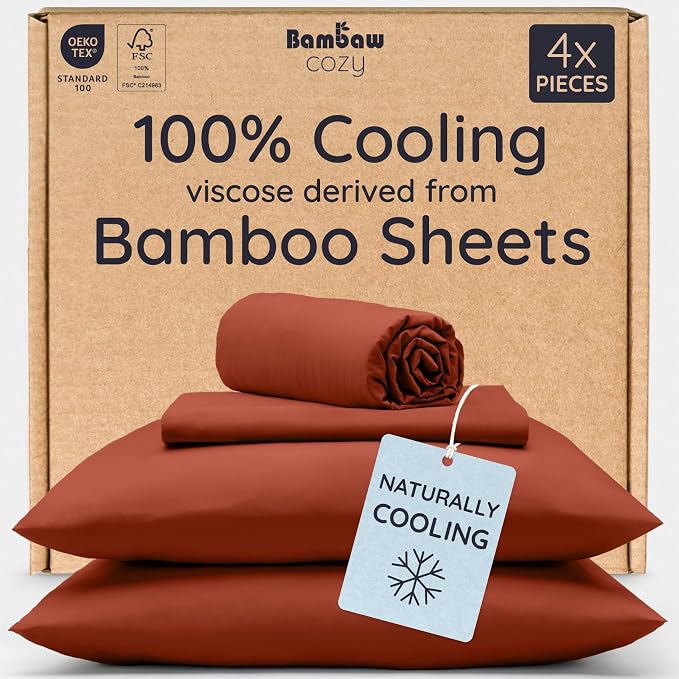 Bambaw 100% Viscose Derived from Bamboo Twin Sheets Sets – 4-Piece Twin Bed Sheets Set, Cooling, Soft & Breathable, Helps Reduce Night Sweats, Lightweight & Comfortable (Terracotta)
