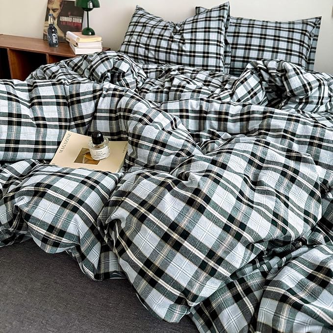 mixinni Vintage Grey & Pale Blue Buffalo Plaid Duvet Cover Set Queen Size - 3 Piece Washed Cotton Bedding Set with Grid Pattern, Soft & Breathable Duvet Cover with Pillowcases for Boys, Men& Women