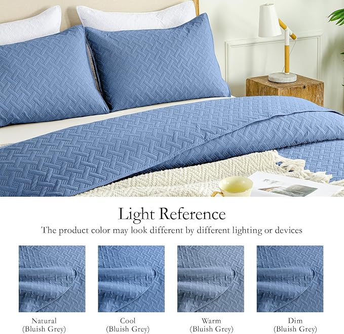 FLYMME King Size Quilt Bedding Set Bluish Grey Lightweight Bedspreads for Summer,Modern Style Geometric Weave Stripe Pattern,Soft Microfiber Bed Coverlet 3 Pieces (1 Quilt, 2 Shams)