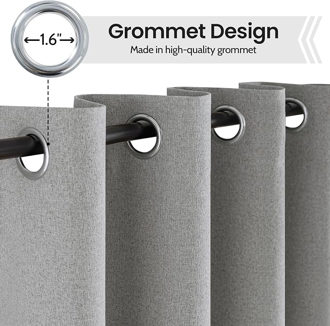 COSVIYA 100% Blackout Dove Grey Linen Curtains & Drapes 63 Inch Length | Light Blocking Full Room Darkening Grommet Insulated Thermal Window Panels for Bedroom/Living Room,52x63 inches,2 Panels