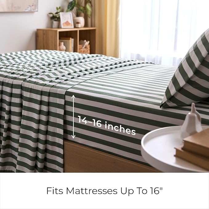 Mellanni Iconic 3-Piece, Ultra Soft Sheet Set (Twin XL, Oxford Stripe Sage) | 10M+ Sleepers. Lab-tested: Sleeps Cool, Stays Bright, Strong, Smooth. Good Housekeeping Best Bedding, 7 yrs running.