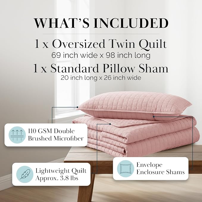 Southshore Fine Living, Inc. Stitched Twin XL Quilt Bedding Set, Dorm Room Bedding, Hotel Quality Microfiber Bedspread, RV Bedding Sets, XL Twin Pink Quilt Bed Spread w/Pillow Sham, Pastel Pink Quilts