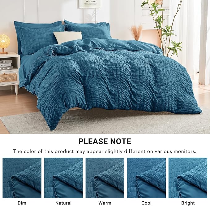 HYMOKEGE Teal California King Comforter Set Seersucker 7 Pieces, All Season Luxury Bed in a Bag for Bedroom, Bedding Set with Comforters, Sheets, Pillowcases & Shams