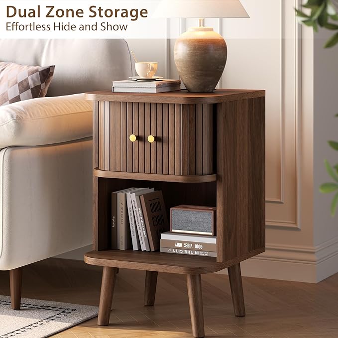 Decofy Fluted Nightstand Set of 2, Charging Station & Sliding Doors, Walnut | Open Shelf, Space-Saving, Concealed Cabinet Storage, Mid Century Modern Bedside Tables, Bedroom End Tables