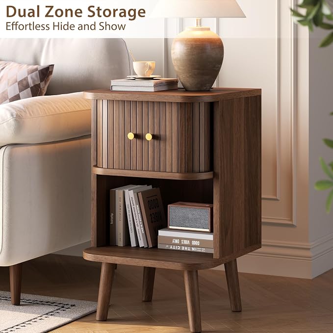 Decofy Fluted Nightstand, Charging Station & Sliding Door, Walnut | Open Shelf, Space-Saving, Concealed Cabinet Storage, Mid Century Modern Bedside Tables, Bedroom End Tables