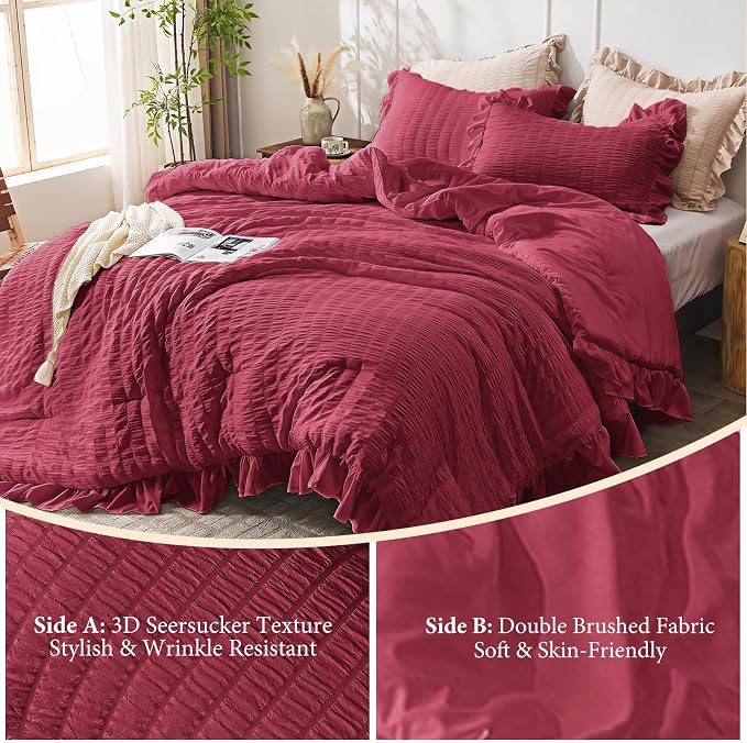 JOLLYVOGUE Burgundy Queen Comforter Set, 3 Pieces Seersucker Comforters Queen Size, Lightweight & Fluffy Bedding Sets for All Season with 1 Ruffle Comforter and 2 Ruffle Pillowshams