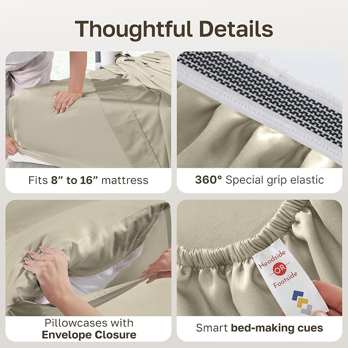 California Design Den 100% Egyptian Cotton King Size Sheets, 4 Pcs, Beige | Backed by Good Housekeeping Seal, Light & Airy Soft Sateen, 16" Deep Pocket, All-Around Elastic, Durable, Easy Care, 4 Pc Set