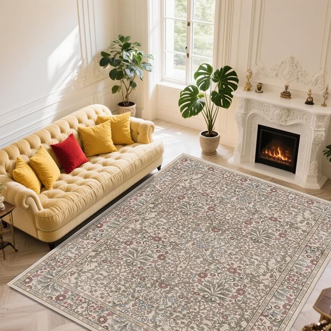 Extra Large 10x14 Area Rug for Living Room, Washable Rugs for Dining Room, Bedroom, Non Slip Stain Resistant Carpet, Low Pile Vintage Floral Rug (Moss)