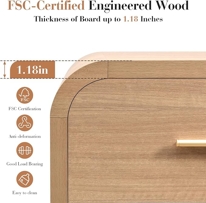 Night Stand Set of 2 [Unique Curved Profile] [FSC-Certified Wooden Board] 1-Drawer and 1 Storage Shelf Nightstand 24" H Metal Handle Modern Bedside Table Side Table End Table for Bedroom | [Curved Profile] [FSC-Certified Wooden Board] Nightstand 24" H ...
