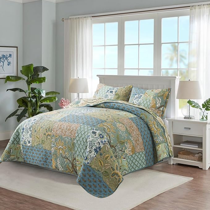 Quilt Set California King Size, 100% Cotton Patchwork Green Bohemian Quilt Sets, Reversible Bedspread Lightweight and Breathable for All Seasons, Soft Quilted Bedspread with 2 Pillow Shams