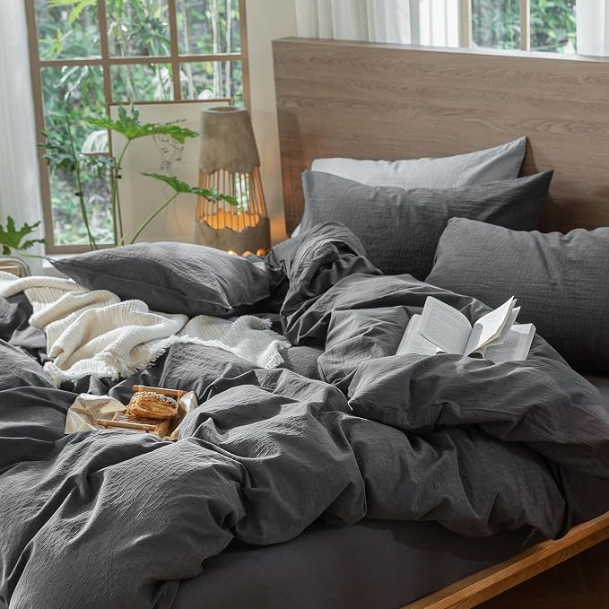 MooMee Wavy Striped Duvet Cover Set 100% Washed Cotton Linen Like Textured Breathable Durable Soft Comfy (Charocal Grey, Palatial King/Oversized King 120"x98")