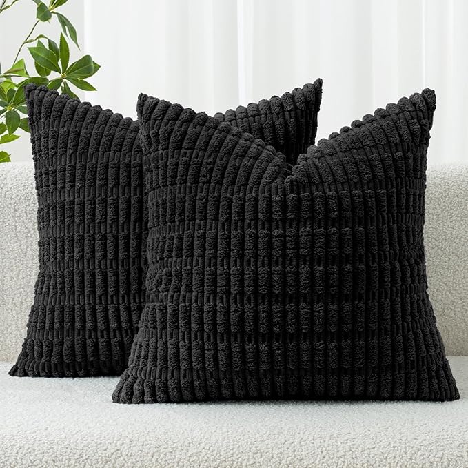 MIULEE Corduroy Decorative Throw Pillow Covers 20x20 Black Pack of 2 | Soft Boho Striped Pillow Covers Modern Farmhouse Home Decor For Sofa Living Room Couch Bed