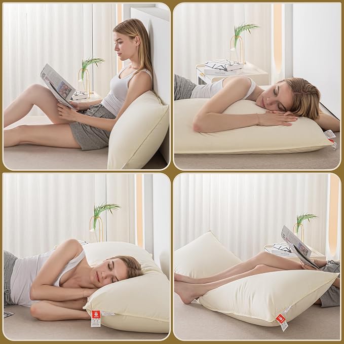 Goose Down Body Pillows for Adults, Large Body Pillow for Side Sleeper, Hugging Feather Body Pillow Insert, Cooling Full Length Long Pillow for Bed with 100% Organic Cotton Shell, Beige 20"x72"