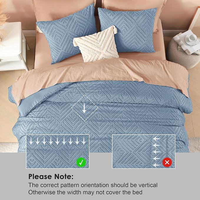 Litanika Oversized King Comforter Set, 3 Pcs Tufted Boho Bedding Set | Grayish Blue Farmhouse Shabby Chic Vintage Bohemian Textured Aesthetic Soft Fluffy Lightweight Breathable All Season Bed Set