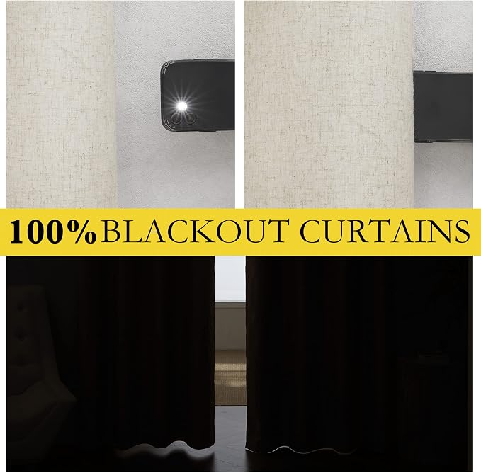 NICETOWN Natural Blackout Curtains for Living Room 62" w x 84" L 2 Panels | 100% Room Darkening Linen Curtains Farmhouse Thick Window Treatments Thermal Insulated Drapes for Bedroom Home Decor