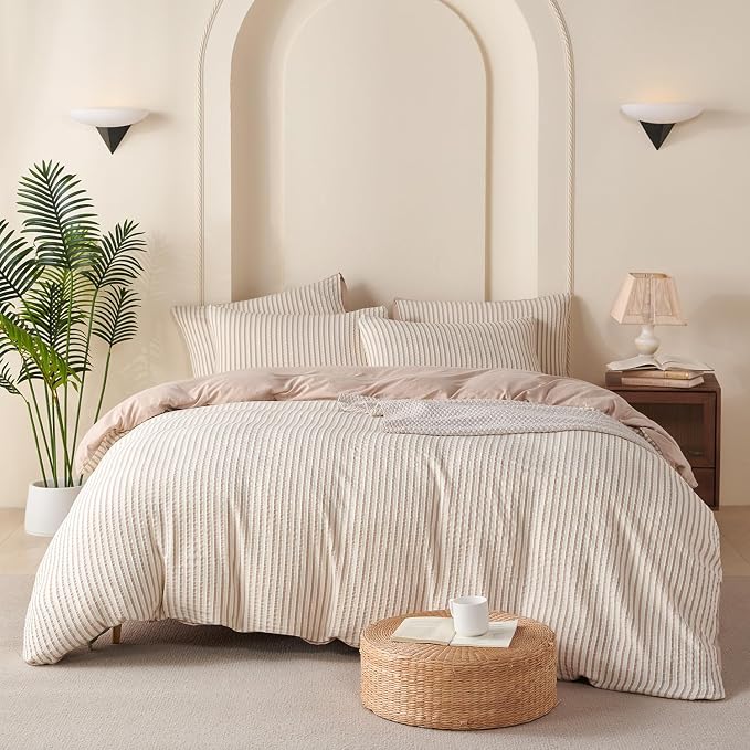 Comforter King Set Beige Striped Soft Luxury Washed Microfiber Jacquard 3 Pieces Bedding, White Beige Vertical Ticking Stripes Pattern Comforter with 2 Pillowcases Breathable Durable Comfy