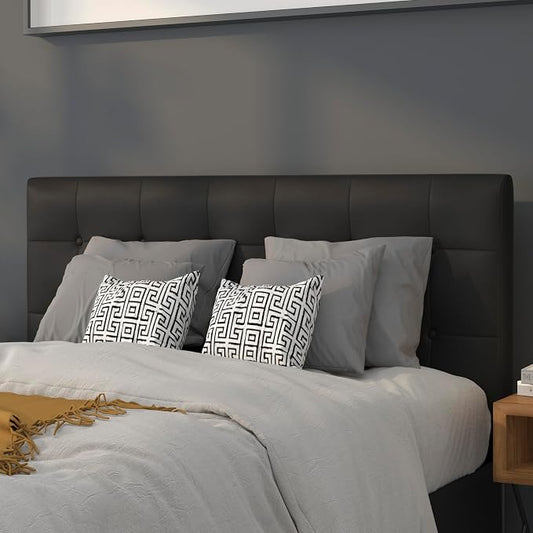 EMMA + OLIVER Black Full Button Tufted Headboard | Adjustable Bed Rail Slots, Vinyl Upholstered