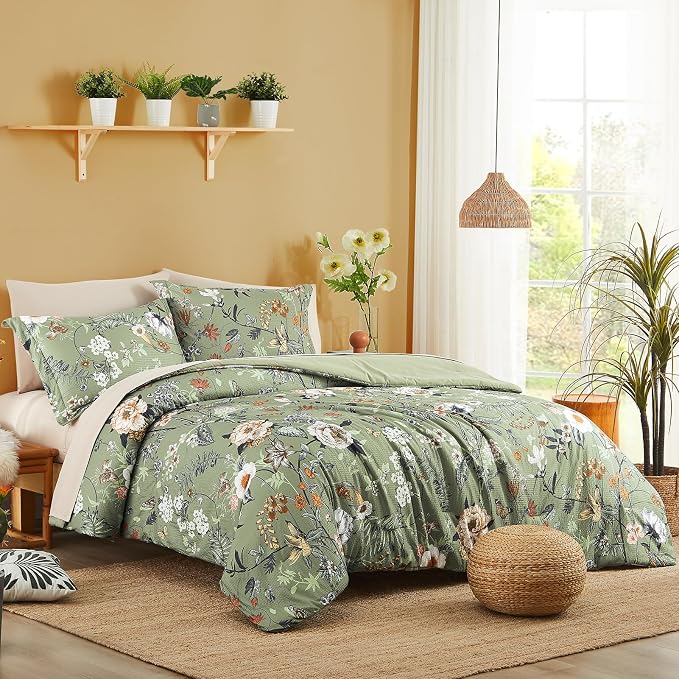 King Size Comforter Set-7 Pieces Floral Green Bed in a Bag King Bedding Set | All Season Botanical Texture Flowers Comforter Set with Sheets, Pillowcases & Shams