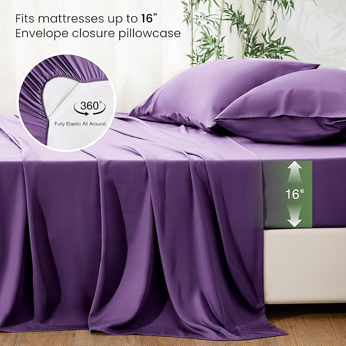 Love's cabin 4 Piece Full Size Sheet Set, 100% Rayon Derived from Bamboo, Cooling & Breathable, Soft Silky Deep Pocket up to 16", Hotel Luxury Bedding for Hot Sleepers, Purple