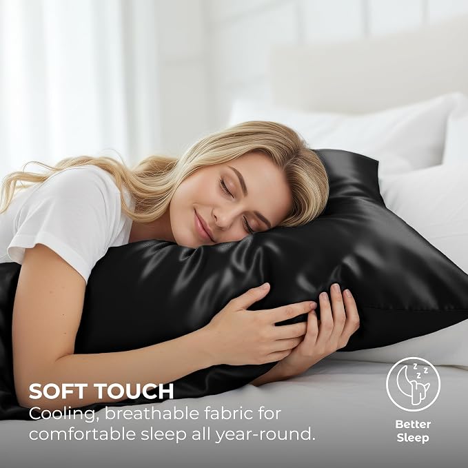 Pure Bedding Satin Pillowcase 2 Pack - King Size (20"x40", Black) - Silky Pillow Cases for Hair and Skin - Satin Pillow Covers with Envelope Closure - Extra Soft Premium Microfiber