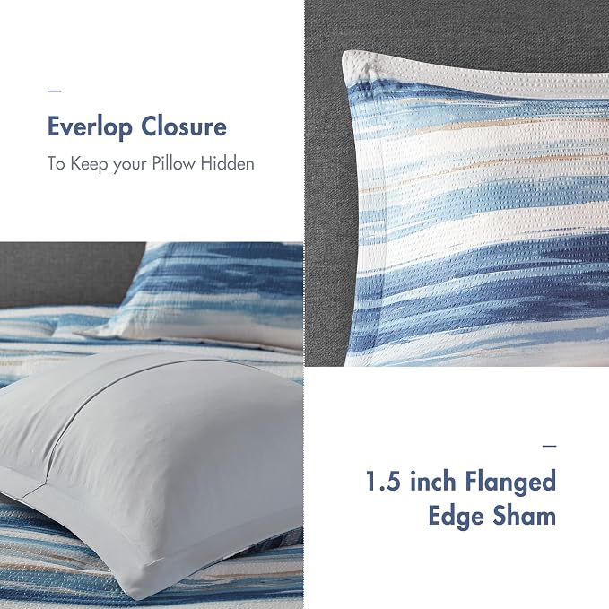 Madison Park Marina Comforter Quilt Combo Set - Modern Luxury Design, All Season Down Alternative Bedding, Matching Shams, Decorative Pillows, Full/Queen(90"x90"), Seersucker Blue 8 Piece | All Season Down Alternative Bedding Set with Comforter, Shams,...