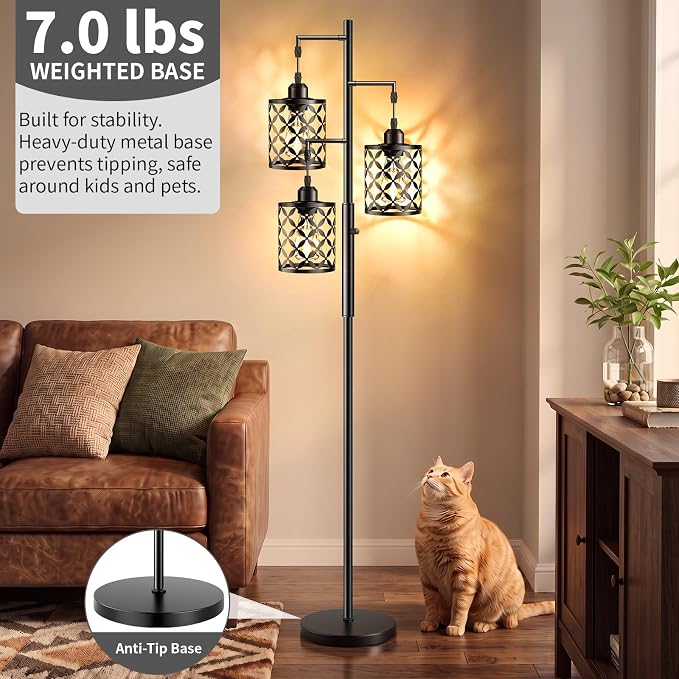 72" Industrial Tree Floor Lamp, Dimmable Farmhouse Tall Stand Light with Metal Cages & Rotary Dimmer Knob, Corner Decor Lighting for Living Room Bedroom Cafe, 3 x 800LM Bulbs Included-Black