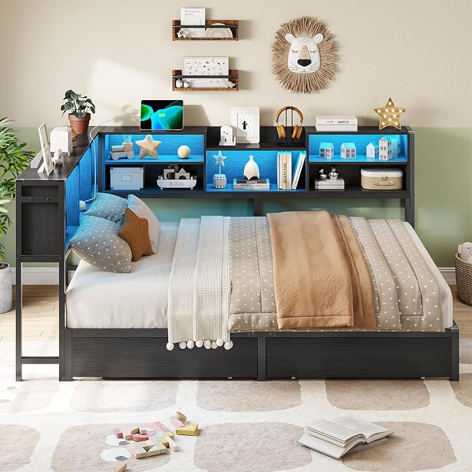 DICTAC Full Corner Bed Frame with Storage Bookcase and Led Lights Metal Platform Corner Bed Frame with 2 Drawers and Charging Station Modern Full Size Daybed with Storage for Kids/Teen/Adult,Black