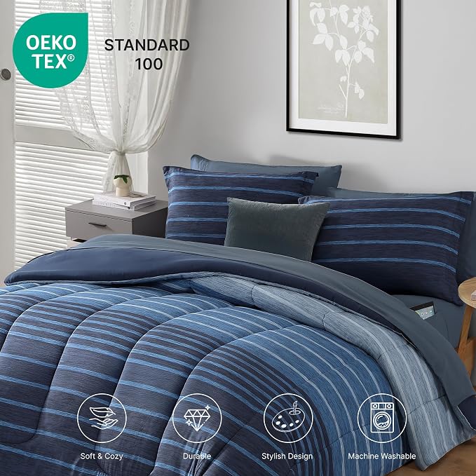 Monbix King Size Comforter Set, 7 Pieces Soft Bed in a Bag King Bedding Set | All Season Navy Blue Striped Reversible Comforter with Sheets, Pillowcases & Shams