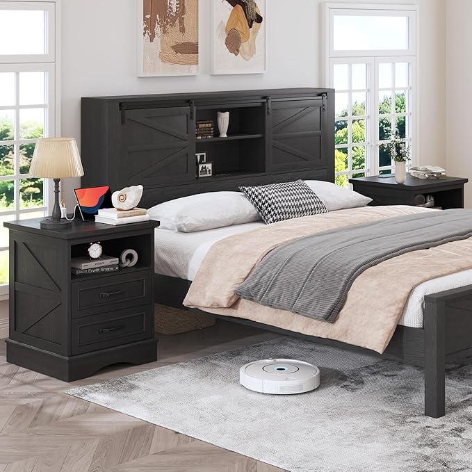 Fluest 24" Tall Farmhouse Nightstand, Night Stand with Fast Charging Station, Beside Tables with Drawers and Open Storage, Rustic End Tables for Bedroom, Antique Black